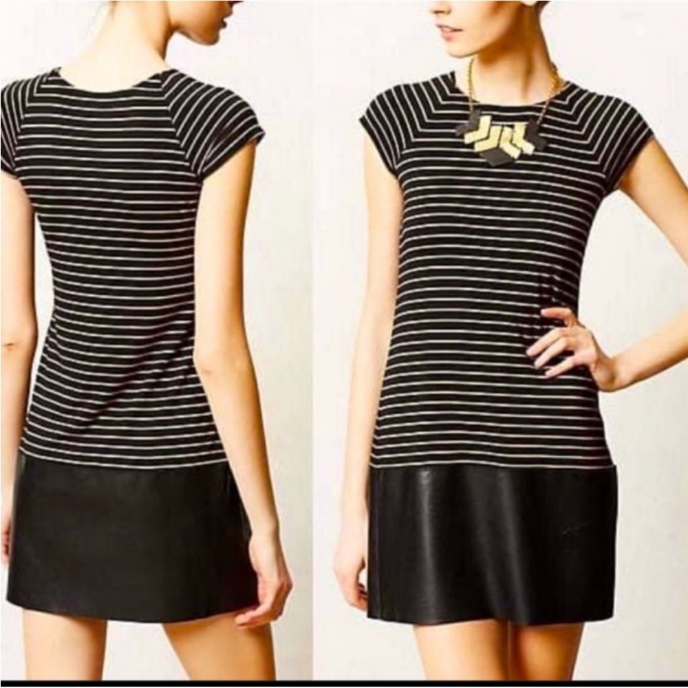 NWT Anthropologie Bailey 44 Striped Shift Dress Faux Leather Jersey Black Tan S